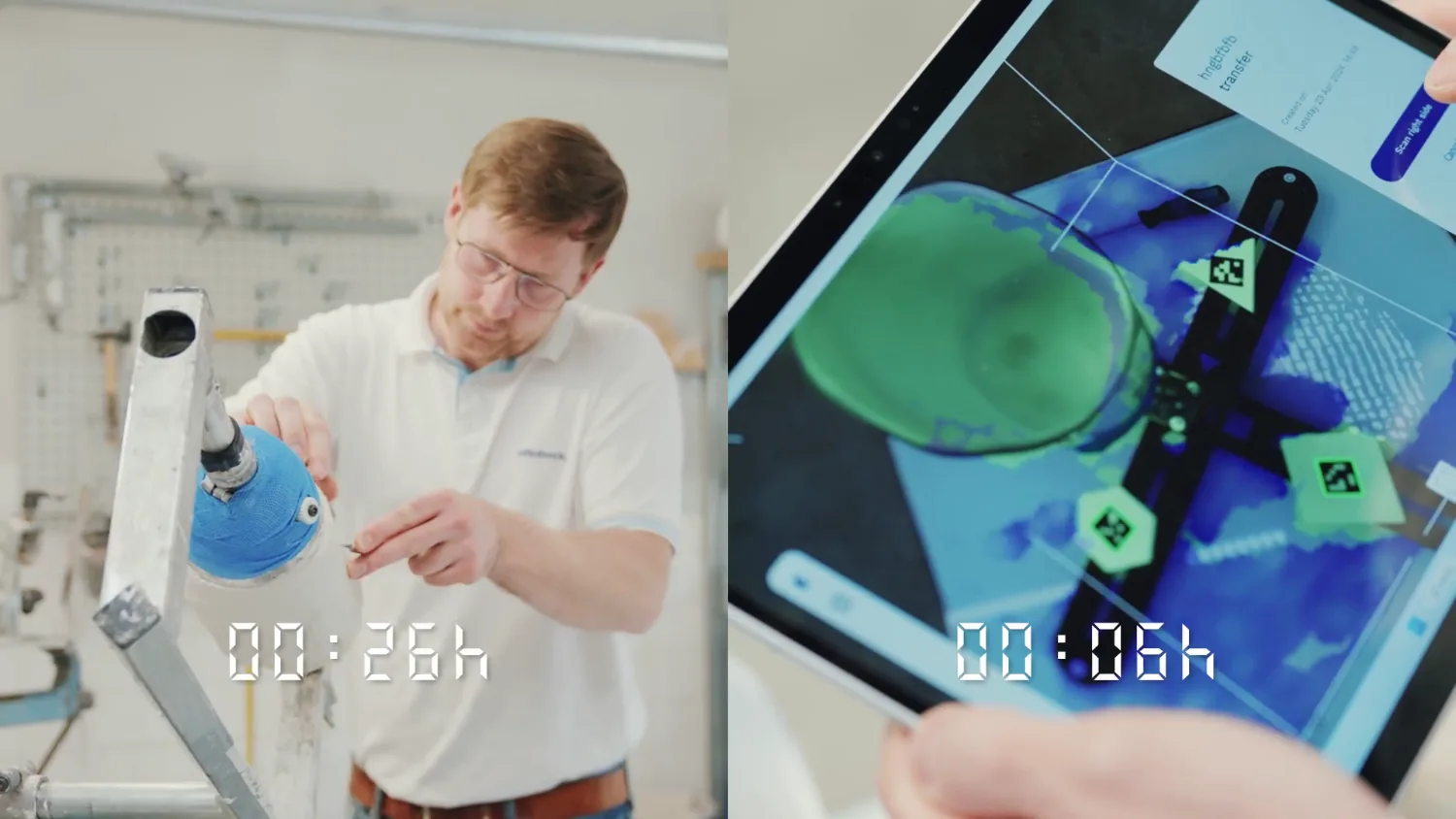 Workflow comparison — Traditional Process 00:26h vs TransferScan 00:06h
