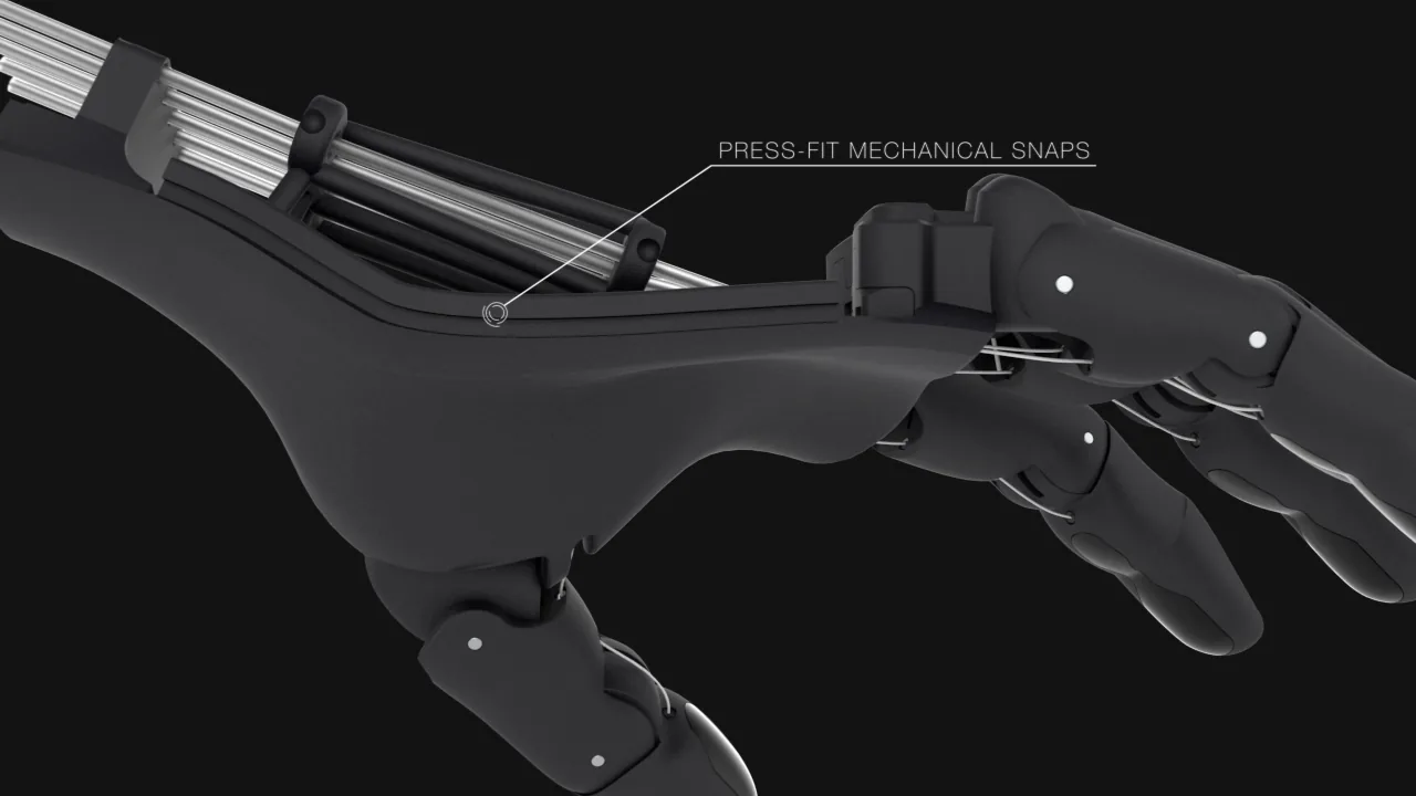 INOPRO hand — press-fit mechanical snaps