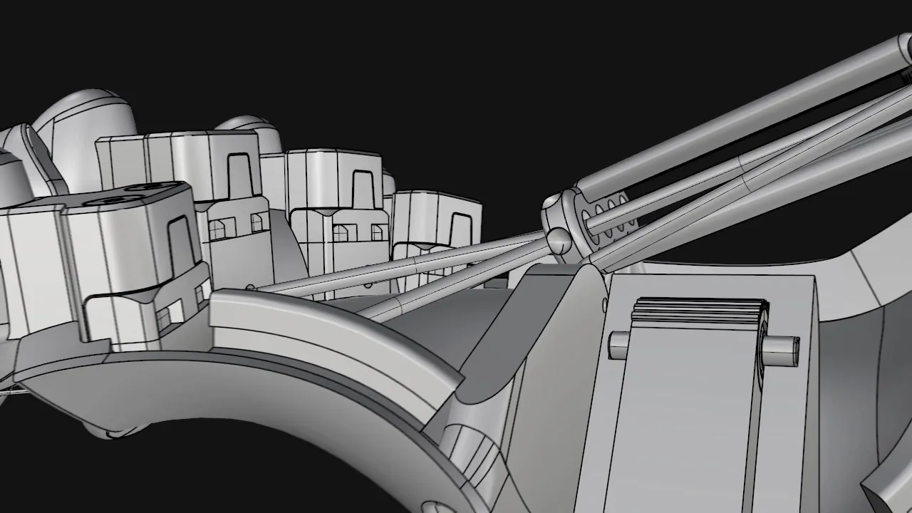 INOPRO hand — wireframe render, cable routing detail