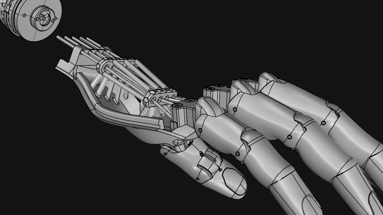 INOPRO hand — wireframe render, palm mechanism
